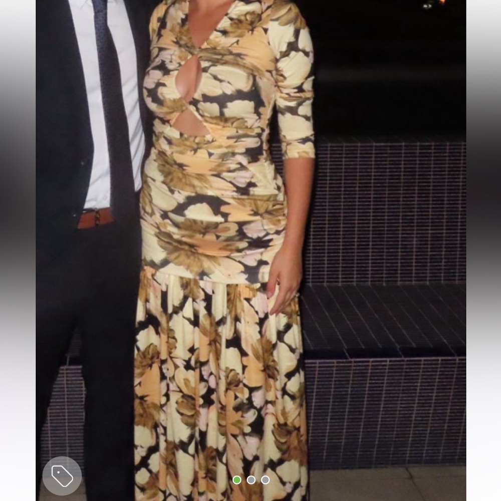 Cream and Brown Ruched Fit and Flare Maxi Dress